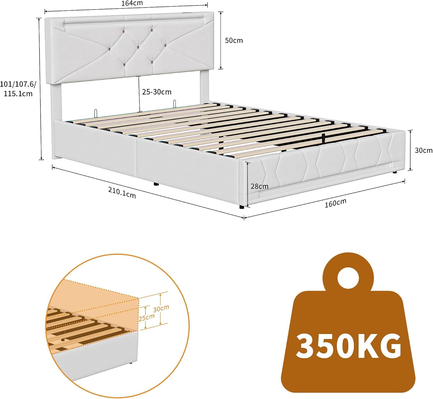 Lit Coffre BRILVERDE | LED RGB & Port USB | Sommier à Lattes | Tissu Lin | 90 à 160 x 200 cm