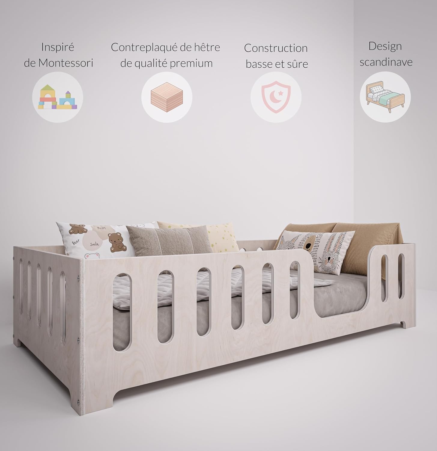 Lit Montessori Enfant 90 x 200 cm – Bois de Hêtre Naturel – Barrière de Sécurité & Sommier à Lattes
