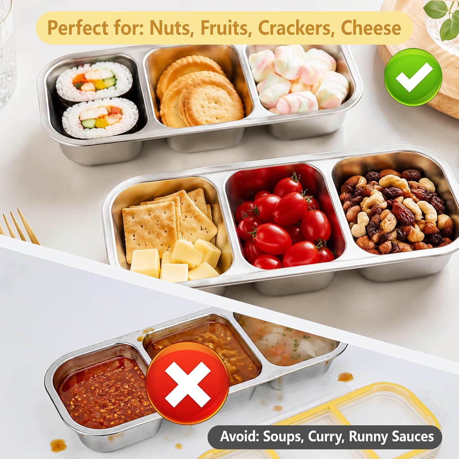 Snackbox met vakken, roestvrij staal, snackbox voor kinderen, met 3 vakken, BPA-vrij, voor snoep, specerijen, noten, koekjes, groenten, school, werk, 26,2 x 10,3 cm