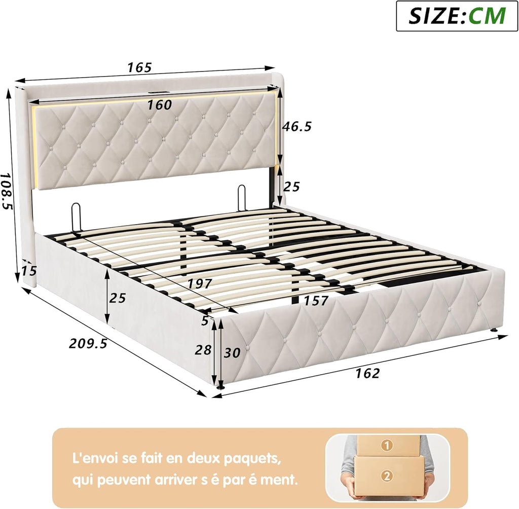Lit Coffre LED RGB & Port USB | Rangement Hydraulique | Tête de Lit Rembourrée avec Étagères | 90 à 160 x 200 cm
