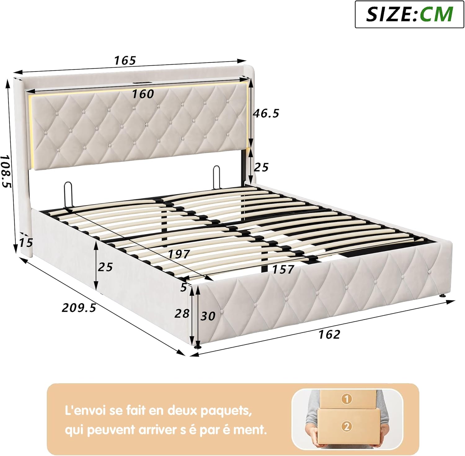 Lit Coffre LED RGB & Port USB | Rangement Hydraulique | Tête de Lit Rembourrée avec Étagères | 90 à 160 x 200 cm