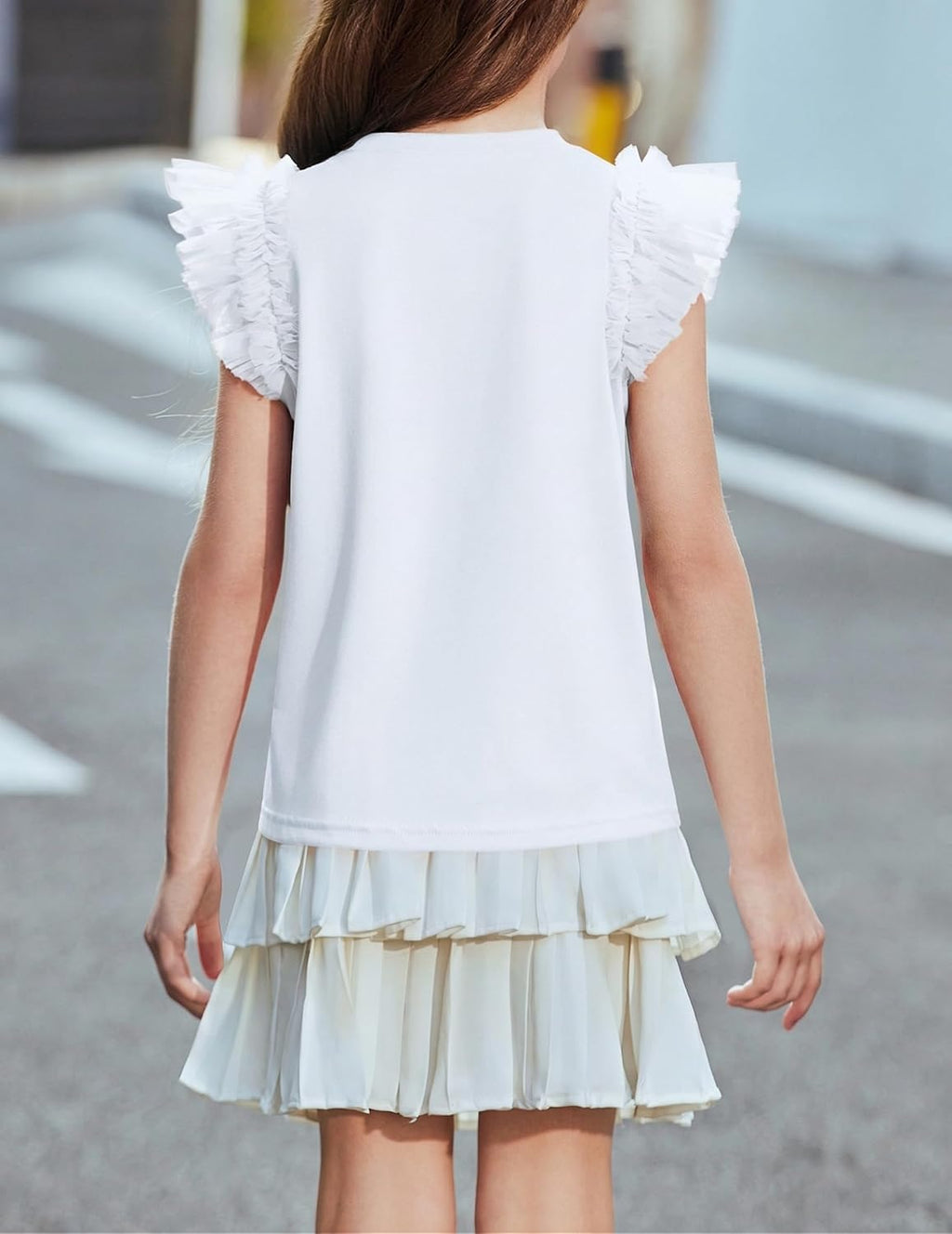 Arshiner T-shirt met kanten mouwen voor meisjes, zomertop, ronde hals, korte mouwen, casual, effen, 5-14 jaar