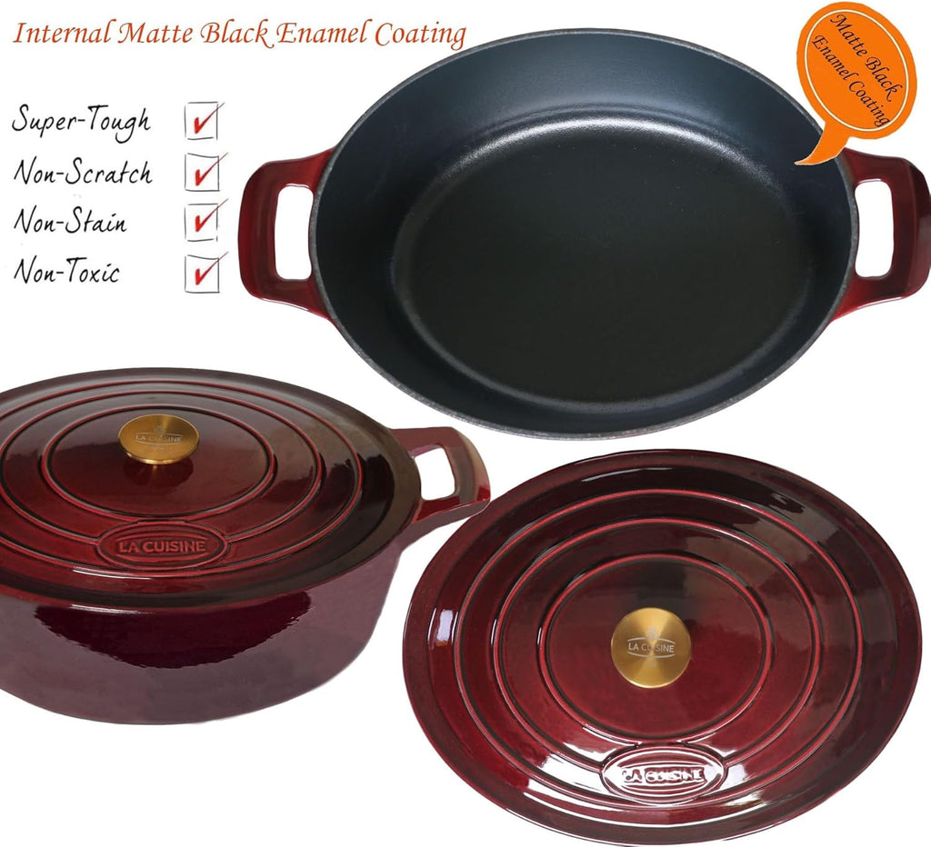 Cocotte Ovale en Fonte Émaillée La Cuisine – 5 L, Canneberge, Bouton Doré, Induction