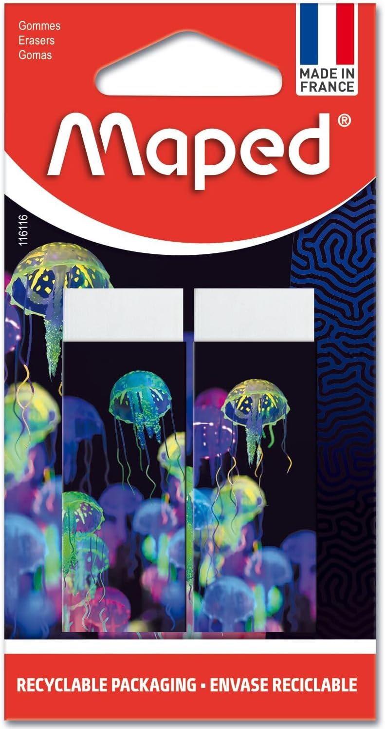 Maped - Set van 2 witte DeepSea Paradise gommen - Dust-Free schoolgum - PVC- en ftalaatvrij - versierde schede - Gemaakt in Frankrijk