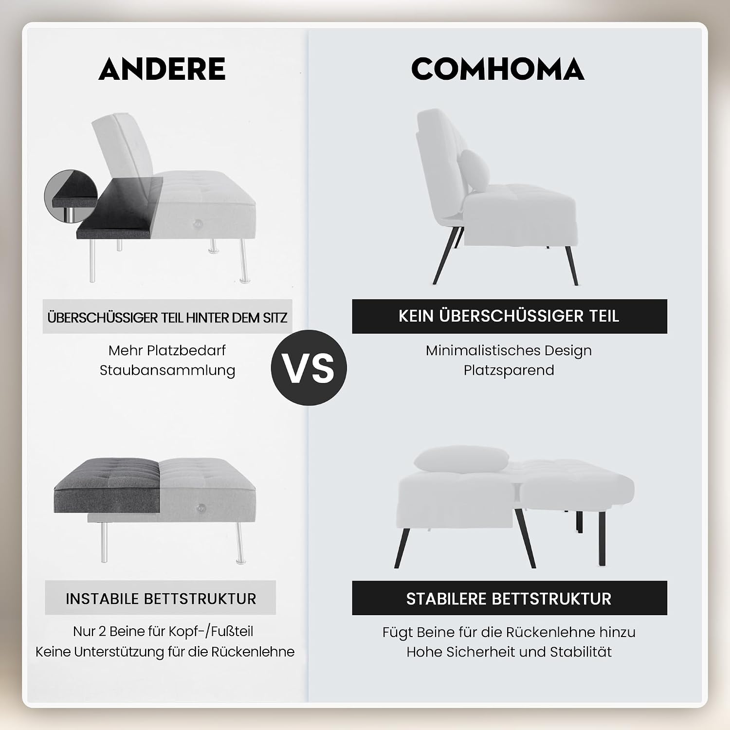Canapé-lit convertible COMHOMA – 3 places – Tissu gris – Dossier ajustable