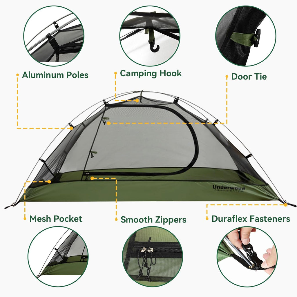 Wandeltent voor 1 persoon, lichte waterdichte campingtent, eenvoudige installatie, compacte tent voor 1 persoon, 3-seizoenentent voor één persoon