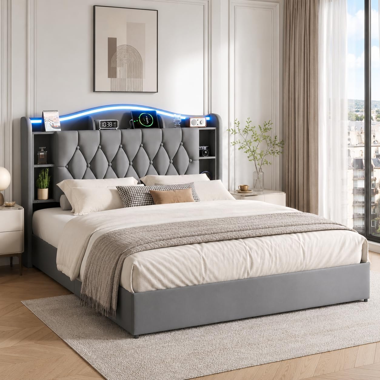 Lit Coffre BRILVERDE | LED RGB & Port USB | Sommier à Lattes | Tissu Lin | 90 à 160 x 200 cm