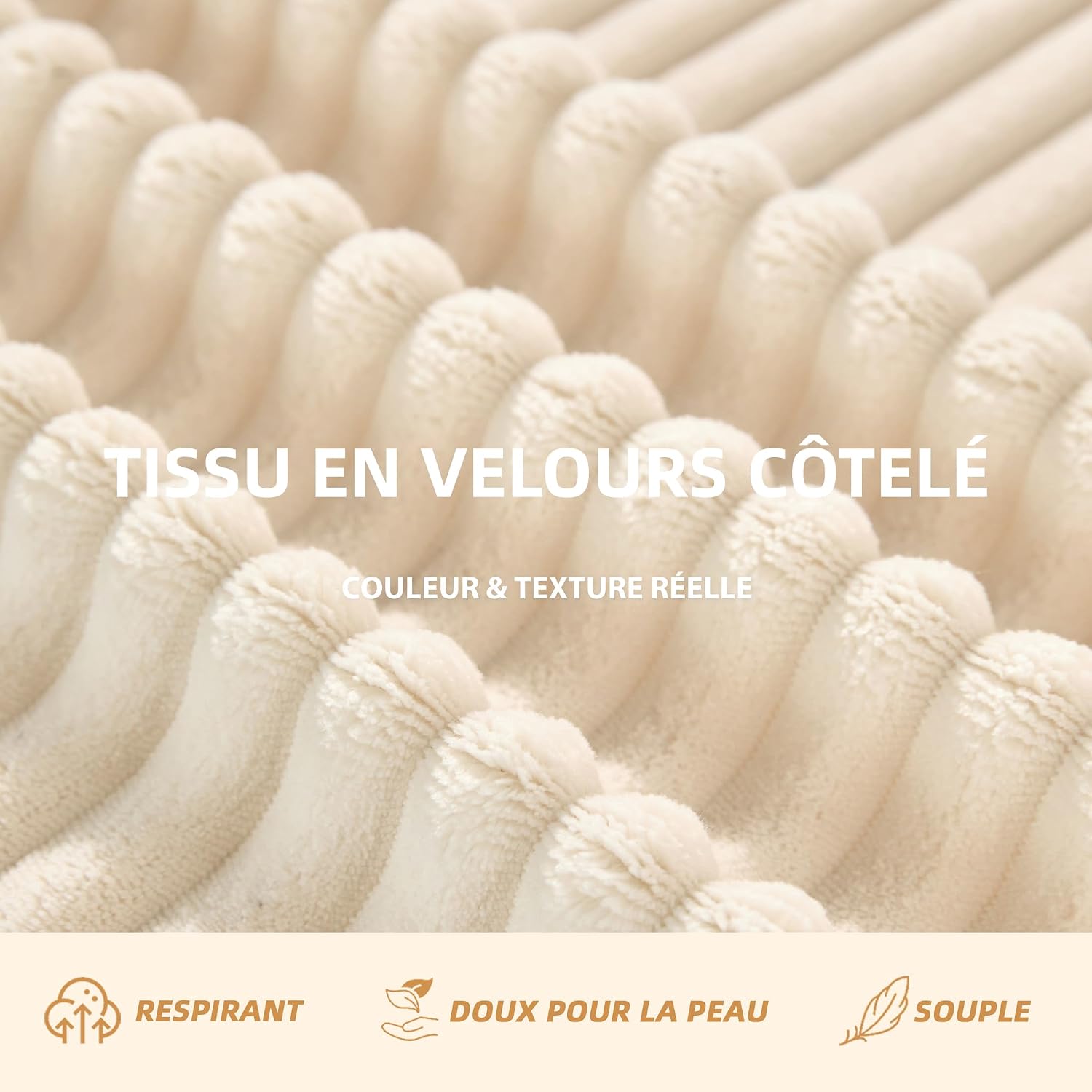 Canapé d'angle modulable Litbird – 3 places + pouf – Velours côtelé beige – Sans montage