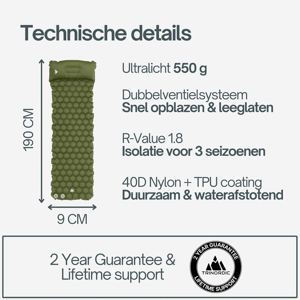 Trinordic campingmat uiterst lichte opblaasbare slaapmat met kussen, opvouwbaar opblaasbaar licht eenpersoonsbed, draagbaar luchtkussen, voor buiten, backpacken, wandelen, reizen