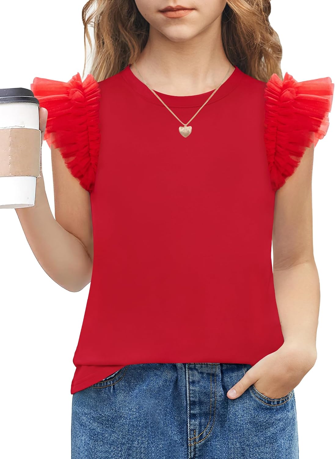 Arshiner T-shirt met kanten mouwen voor meisjes, zomertop, ronde hals, korte mouwen, casual, effen, 5-14 jaar
