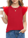 Arshiner T-shirt met kanten mouwen voor meisjes, zomertop, ronde hals, korte mouwen, casual, effen, 5-14 jaar