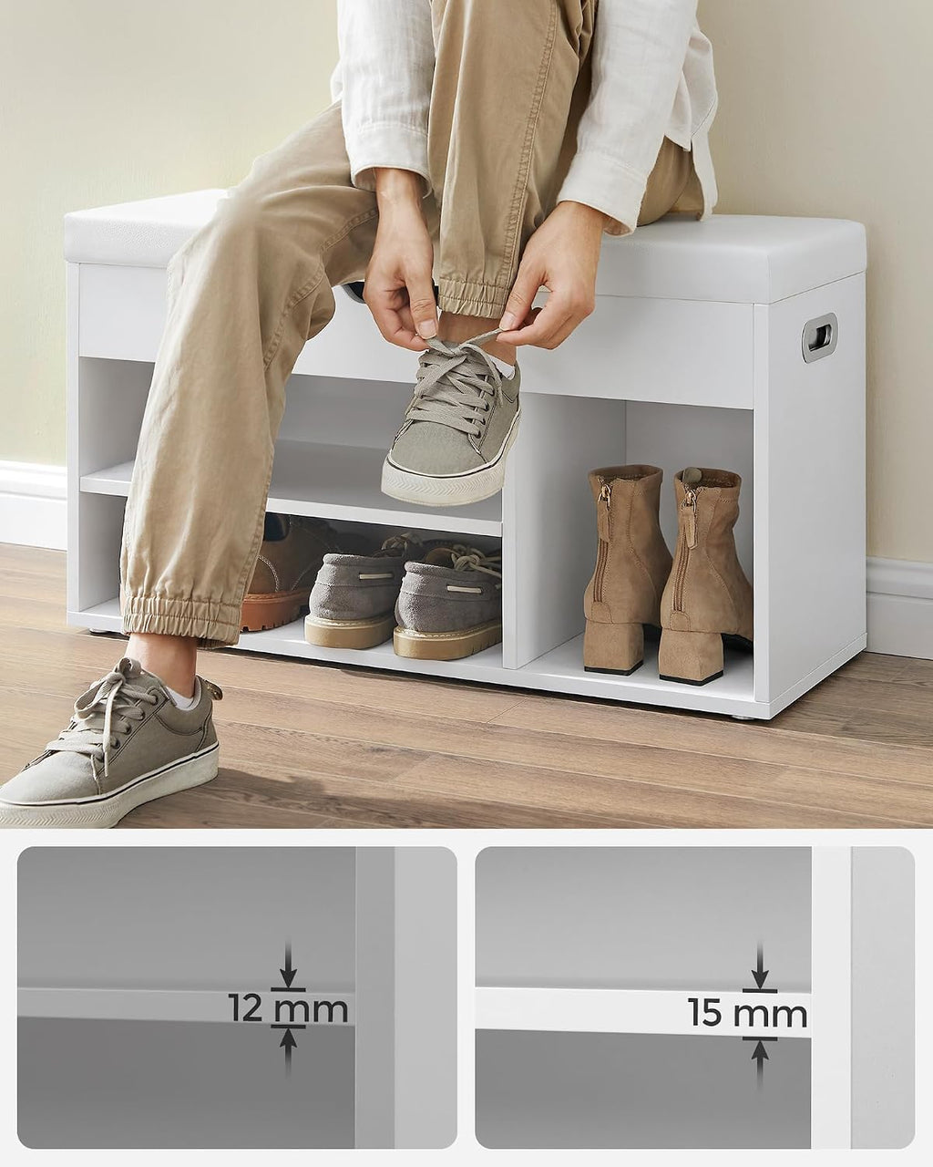 Banc à Chaussures Rembourré VASAGLE – Rangement 3 Compartiments, Style Vintage, 80 cm