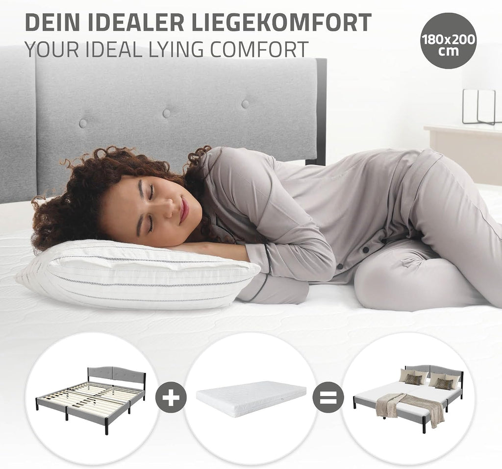 Lit Rembourré ML-Design | Cadre en Acier, Sommier à Lattes, Tête de Lit | Tissu Lin Beige ou Gris | 90/140/160/180 x 200 cm