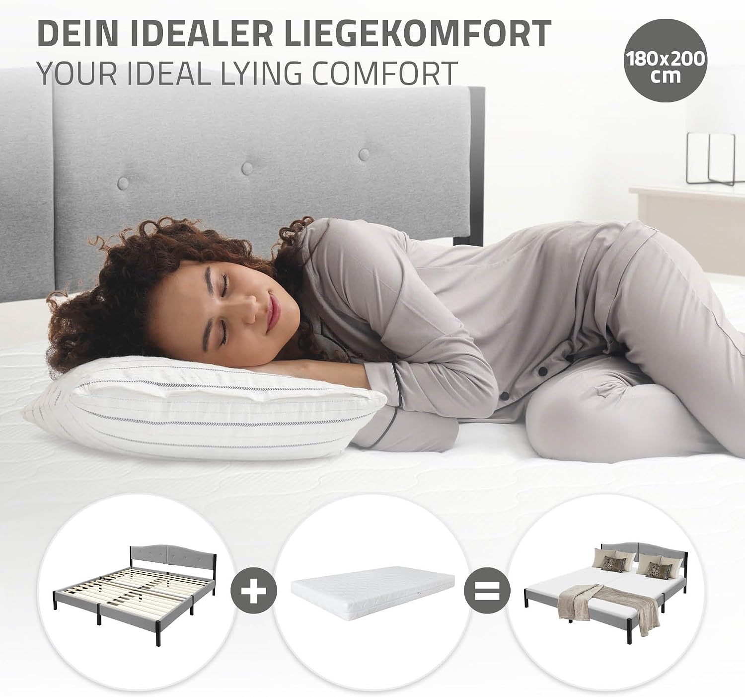 Lit Rembourré ML-Design | Cadre en Acier, Sommier à Lattes, Tête de Lit | Tissu Lin Beige ou Gris | 90/140/160/180 x 200 cm