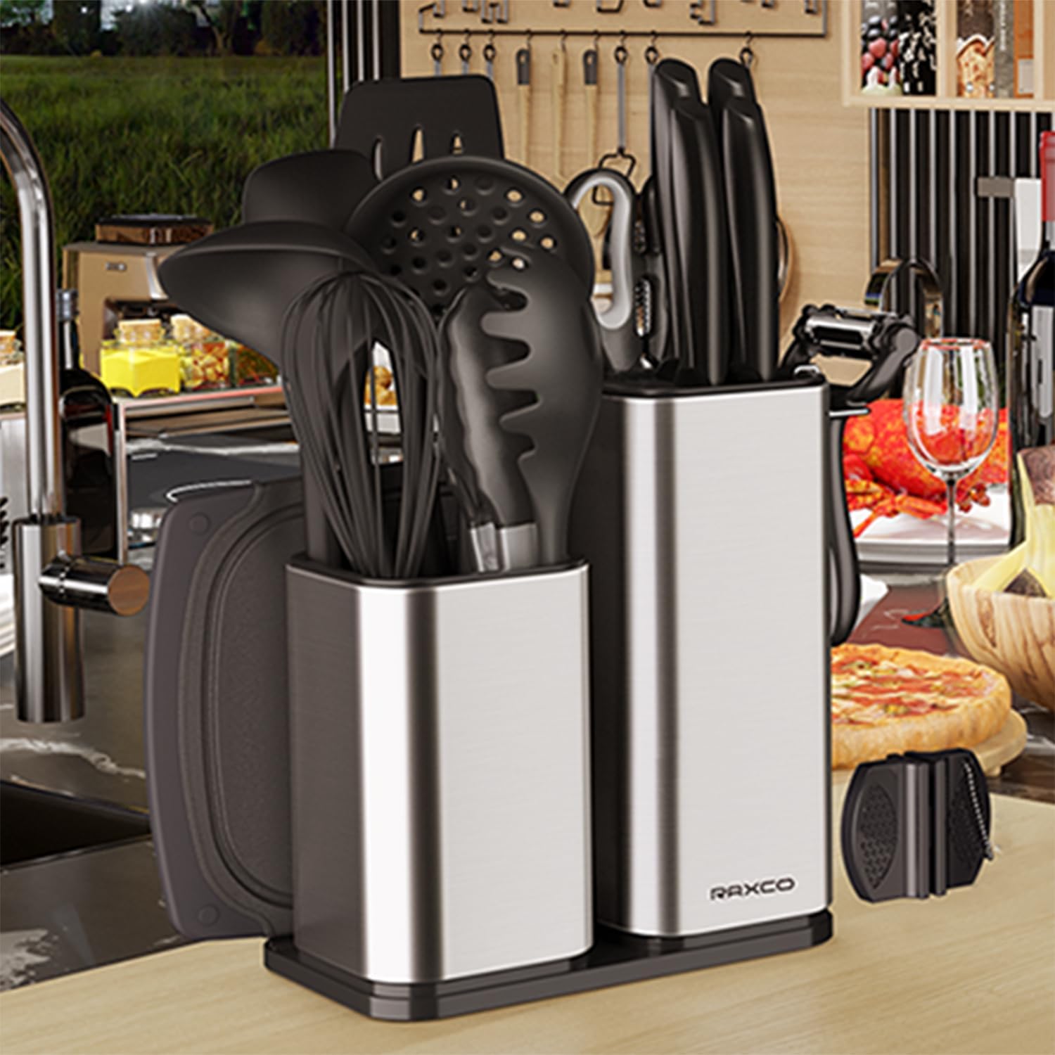 Set de Cuisine RAXCO 18 Pièces — 5 Couteaux Inox + 7 Spatules Silicone + Bloc