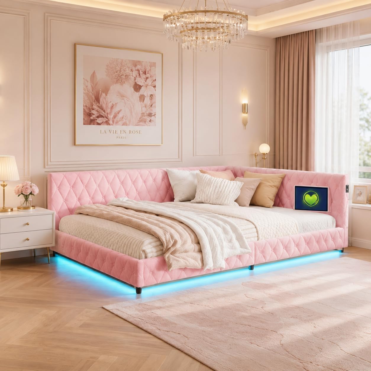 Lit Coffre 90x200 cm – Tête de Lit Rangement, Éclairage LED 16 Couleurs & Ports USB/USB-C