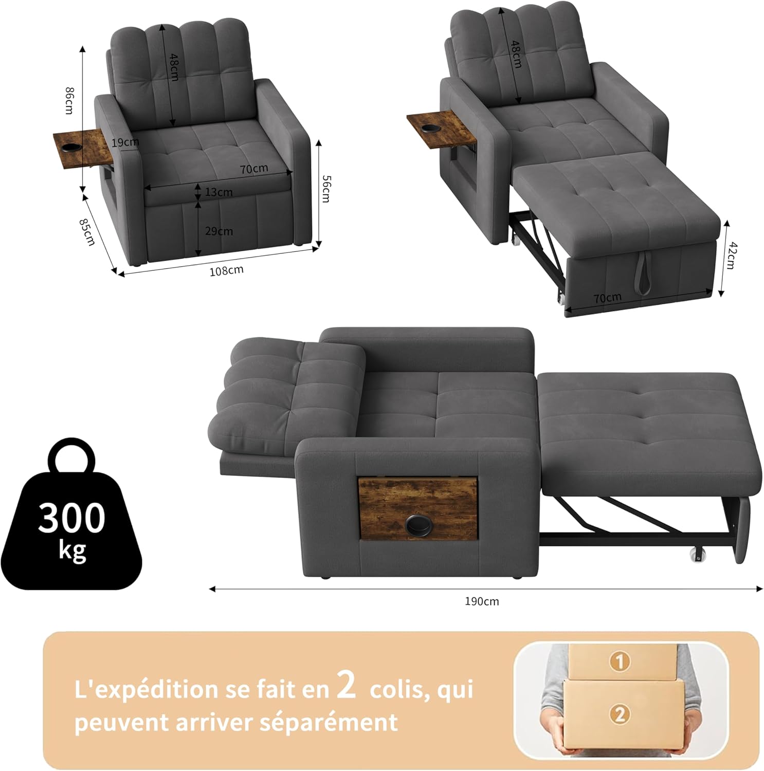 Canapé-Lit Convertible LKPOMI 2 Places — Velours Beige, Lit 180x200 cm