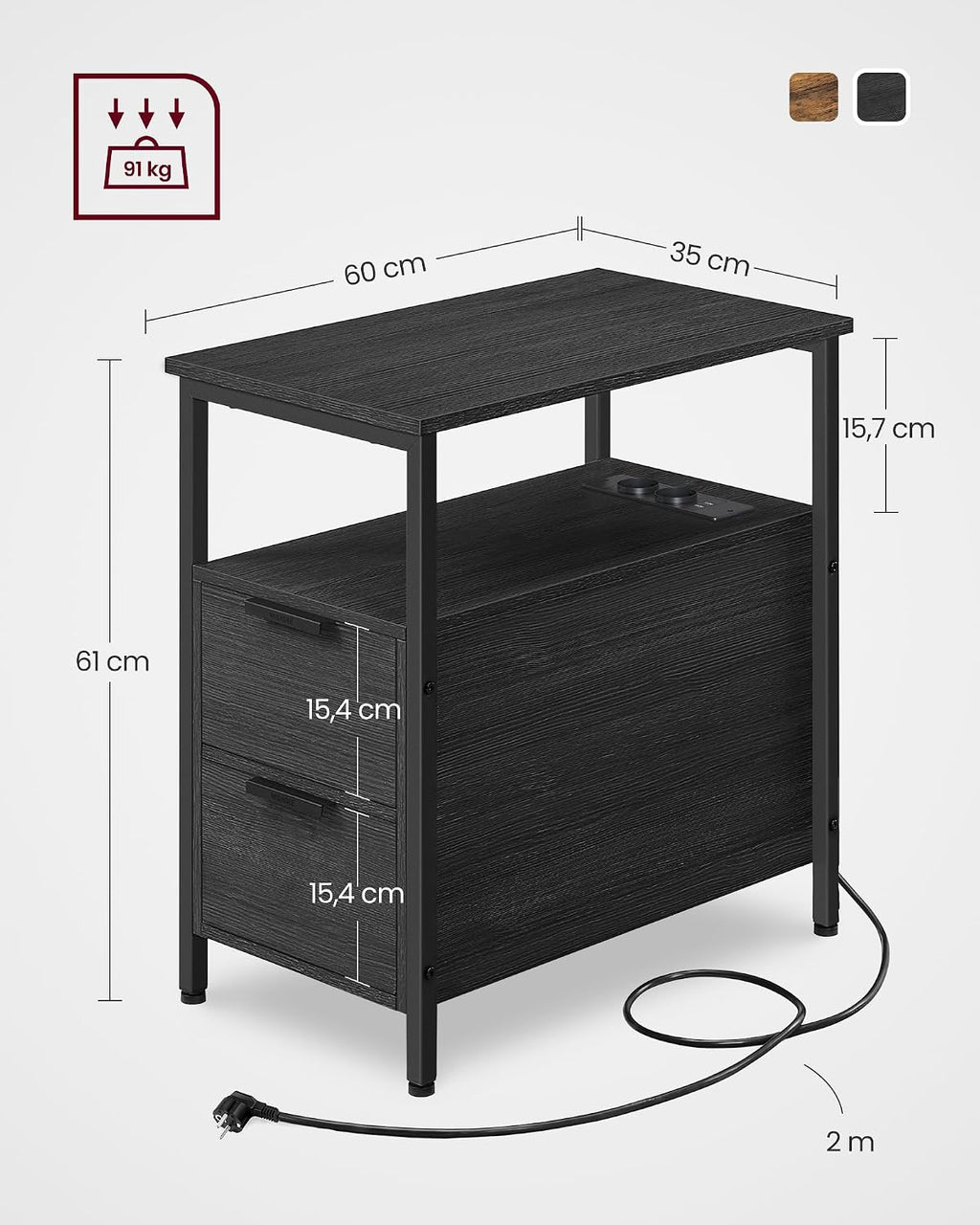 Table de Chevet VASAGLE avec Multiprise – 2 Tiroirs, USB, Style Vintage, 35 x 61 cm