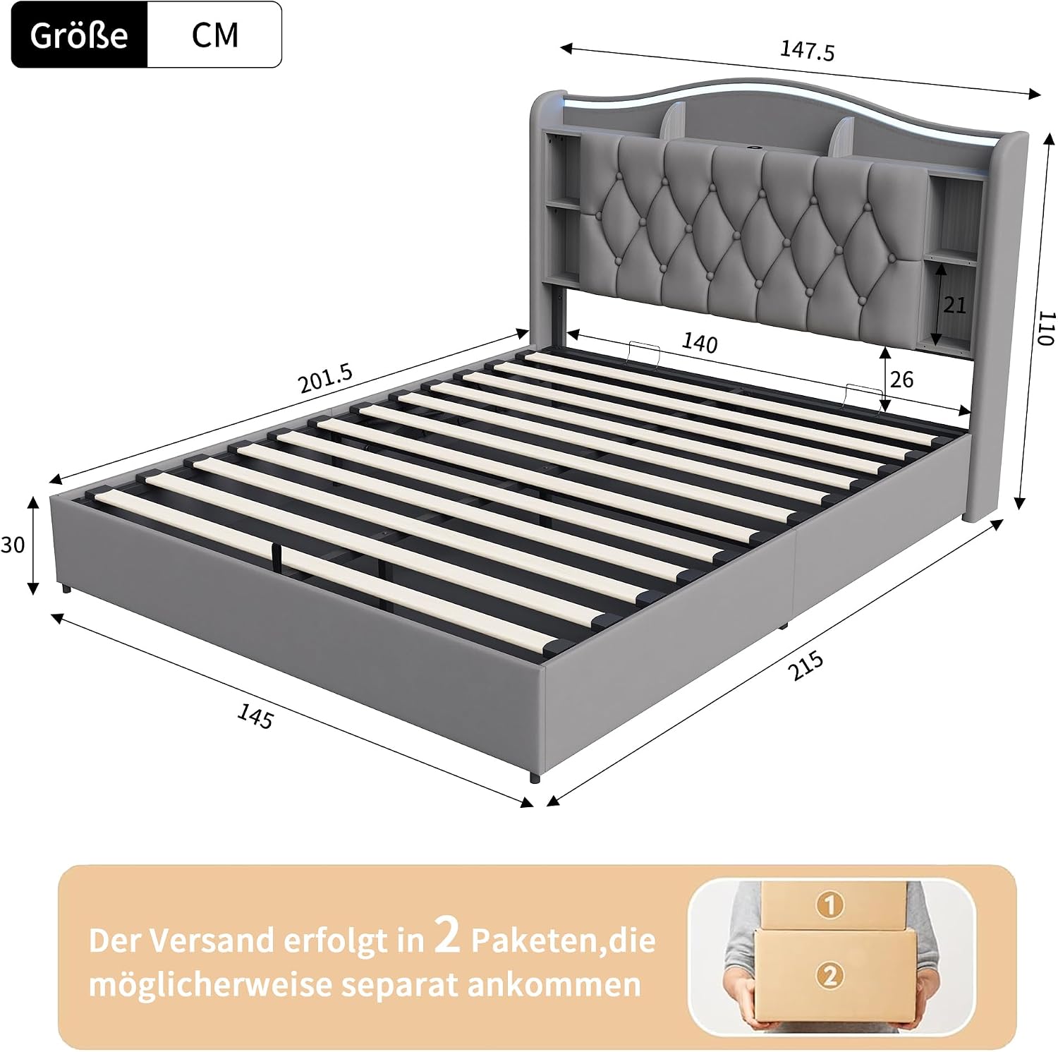 Lit Coffre BRILVERDE | LED RGB & Port USB | Sommier à Lattes | Tissu Lin | 90 à 160 x 200 cm