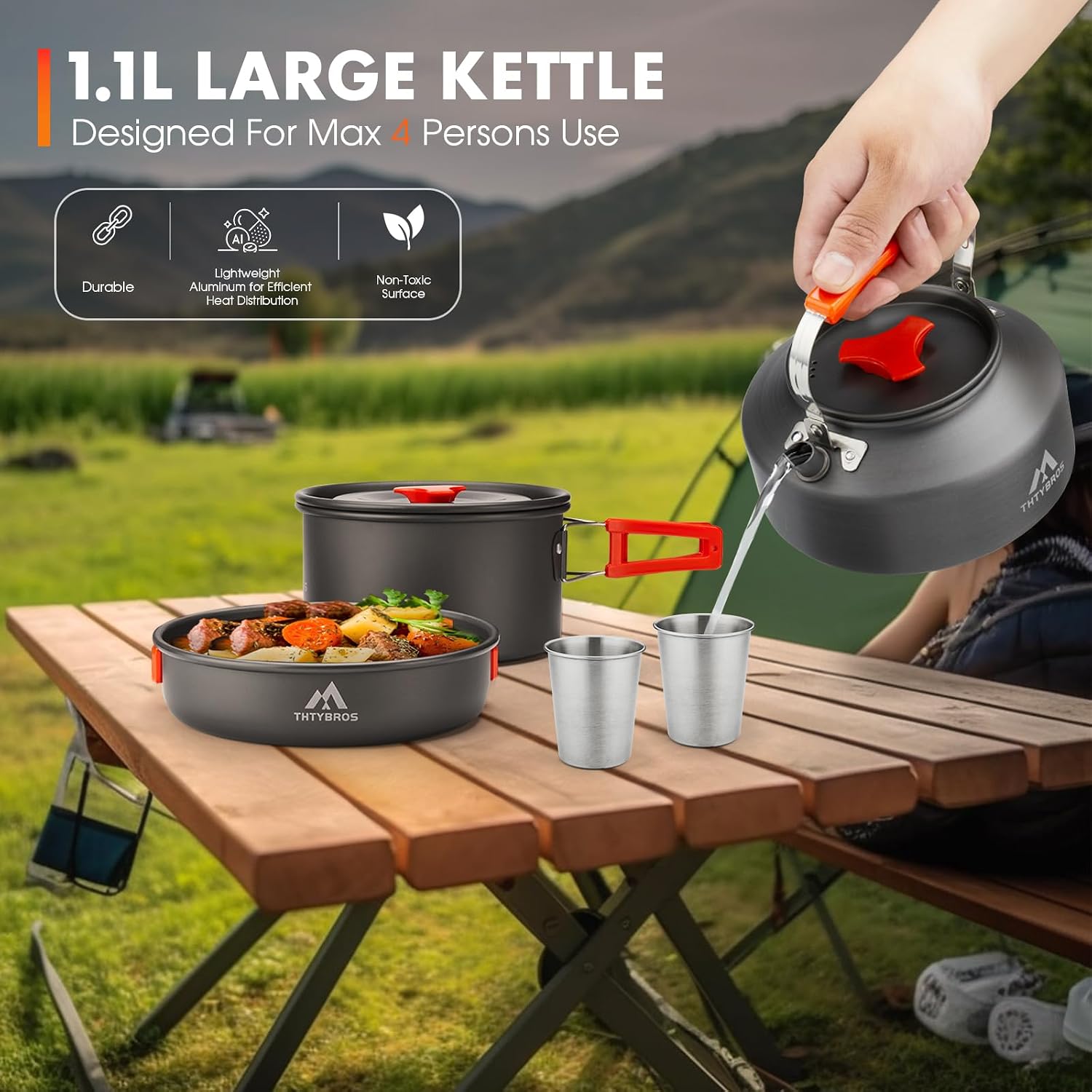 THTYBROS 17-delig kampeerkookgerei van hard geanodiseerd aluminium met 2 kopjes, borden, bestek voor wandelen, picknick