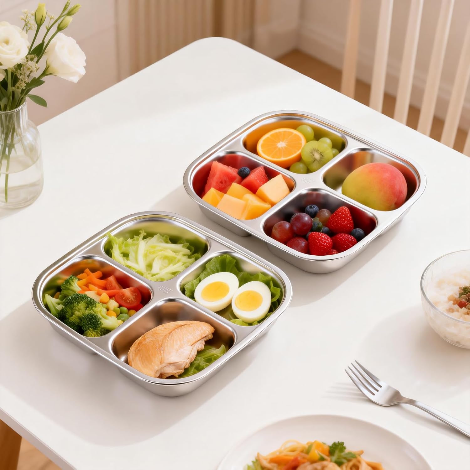 Snack Boxes with 4 Compartments, Reusable Stainless Steel Lunch Boxes for Kids and Adults, Leakproof Bento Boxes with Lids for Home Work (2 Pack)