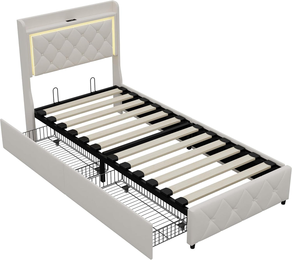 Lit Coffre Capitonné 140 x 200 cm – Tête de Lit Hydraulique & Sommier à Lattes – Flanelle Blanc Cassé