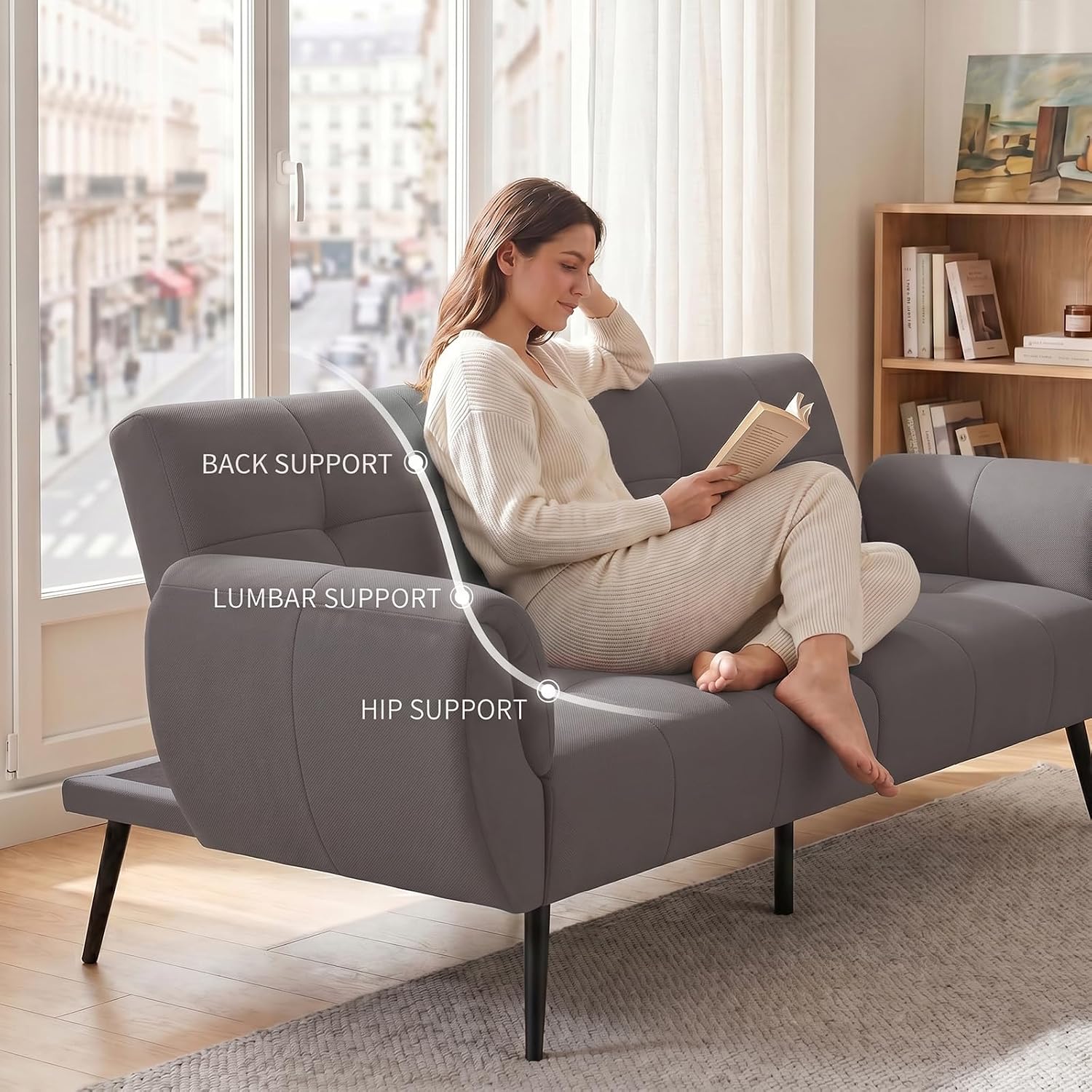 Canapé-lit convertible JIEXI – 3 places – Tissu gris – Dossier 3 positions – 170 cm