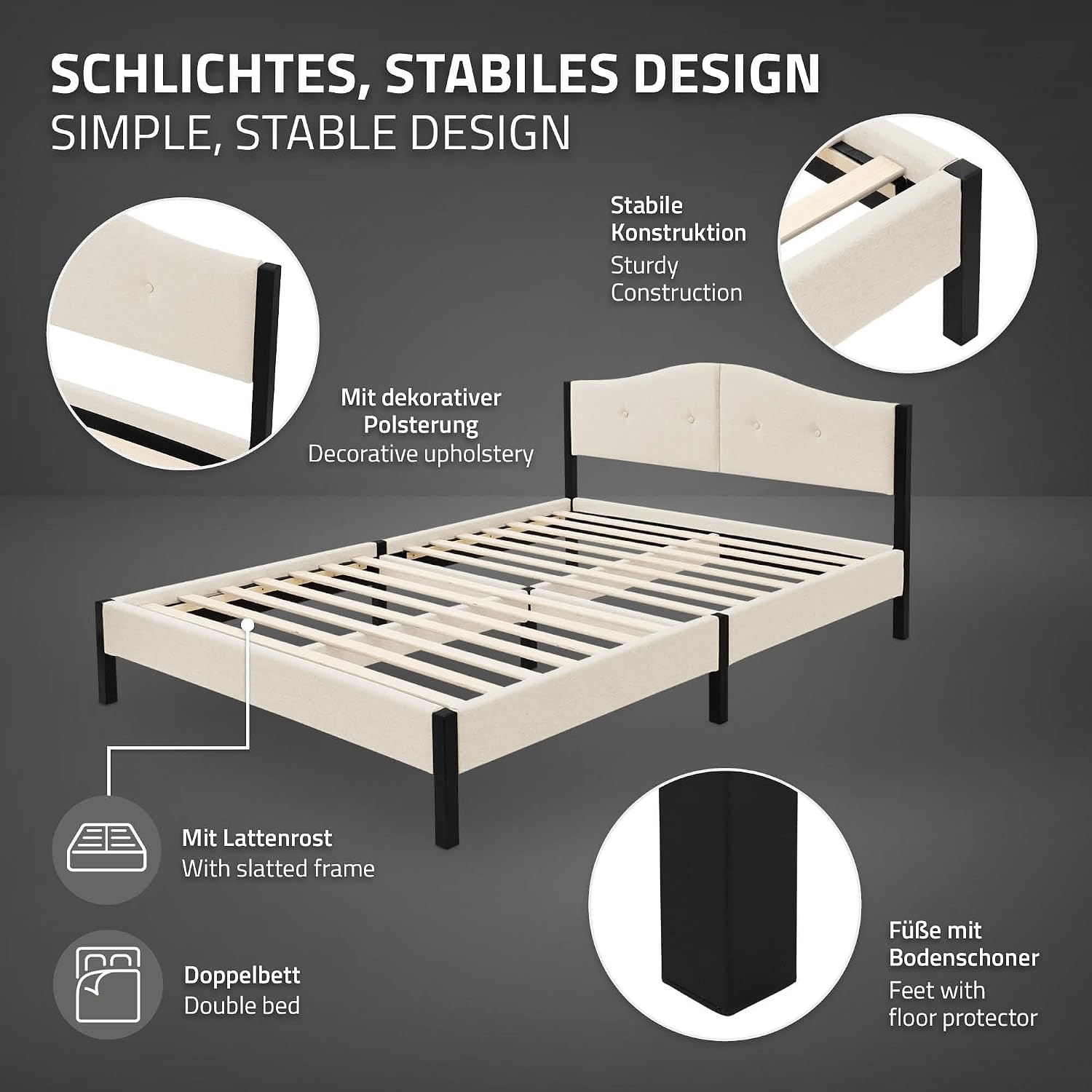 Lit Rembourré ML-Design | Cadre en Acier, Sommier à Lattes, Tête de Lit | Tissu Lin Beige ou Gris | 90/140/160/180 x 200 cm