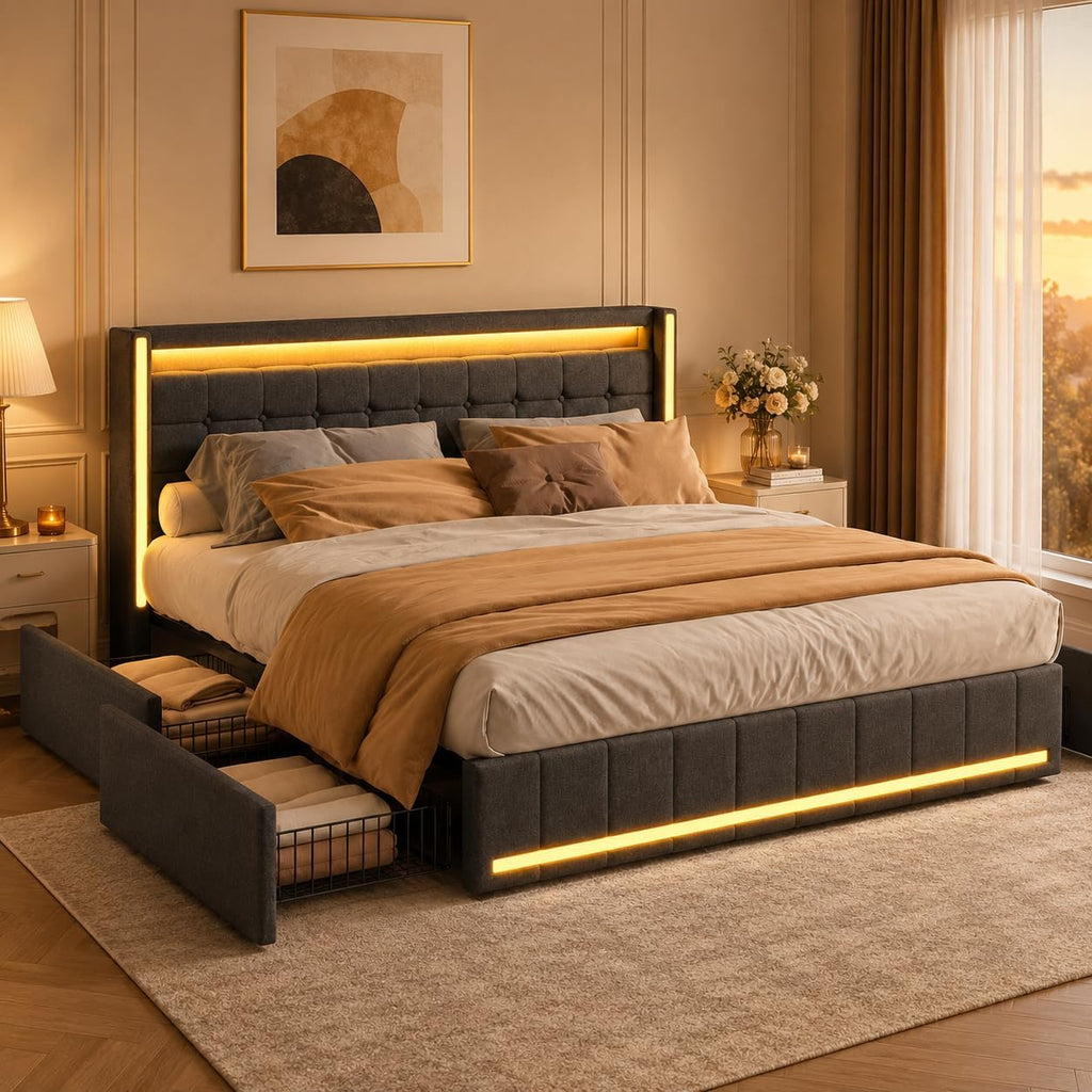 Lit Coffre Capitonné 140 x 200 cm – Tête de Lit Hydraulique & Sommier à Lattes – Flanelle Blanc Cassé