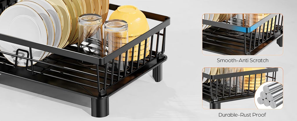 Égouttoir à Vaisselle Inox LIONONLY – Drainage Auto 360°, Porte-Ustensiles, 38 x 29 cm, Noir
