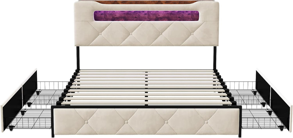 Lit Double 140x200 cm – 4 Tiroirs de Rangement, Éclairage LED +6000 Couleurs & Tête de Lit Réglable en PU