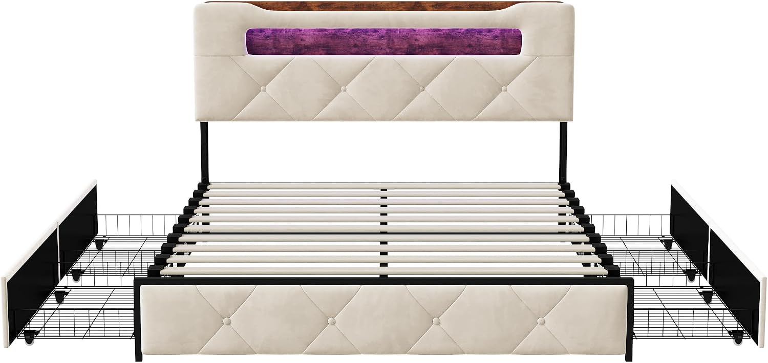 Lit Double 140x200 cm – 4 Tiroirs de Rangement, Éclairage LED +6000 Couleurs & Tête de Lit Réglable en PU