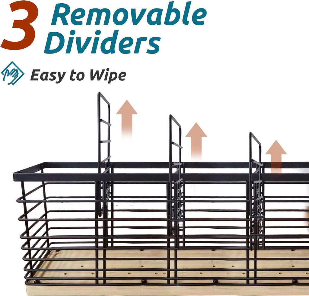 Porte-Ustensiles Suli 4 Compartiments – Métal Noir Mat & Base Bois, 40 x 11 cm, Style Rustique