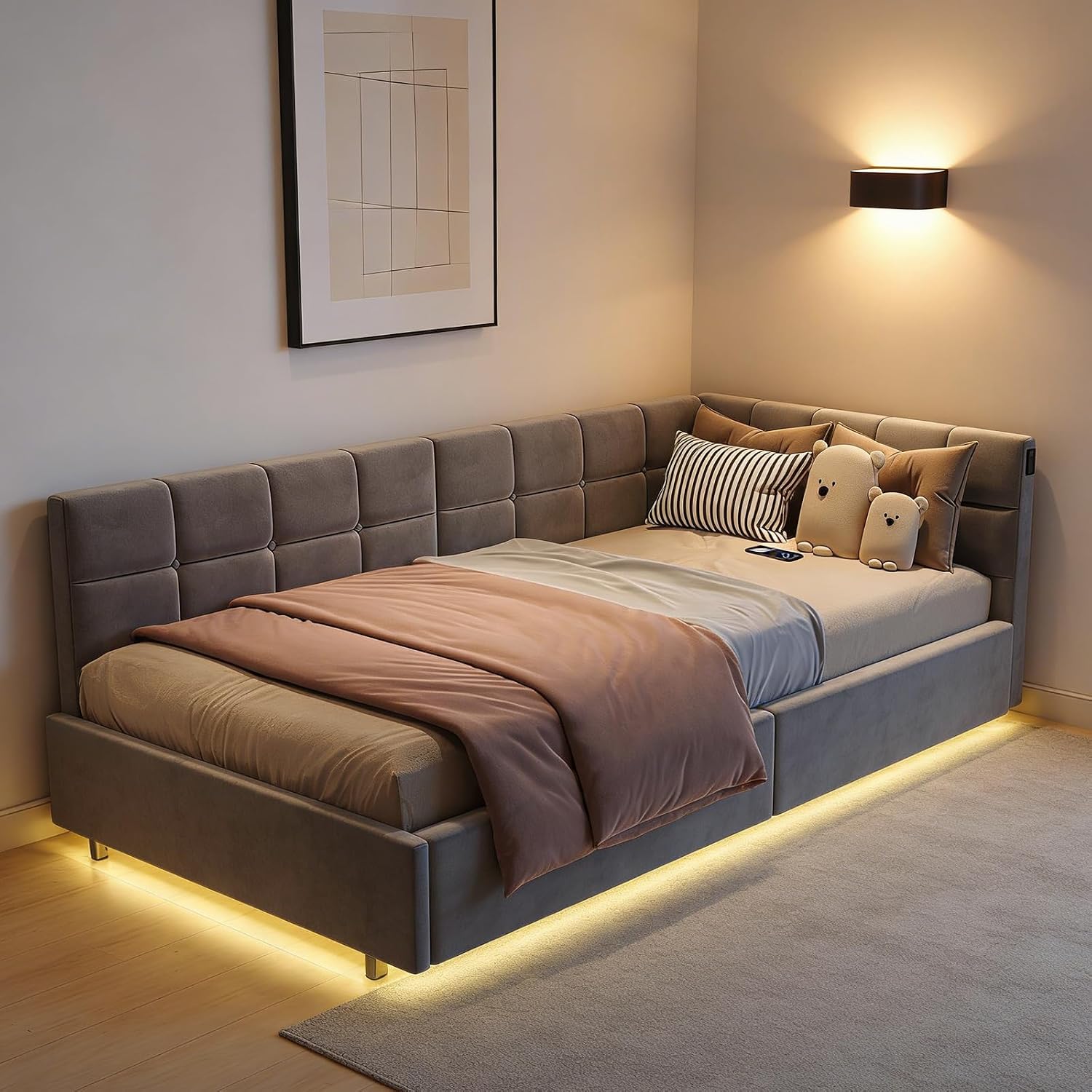 Canapé-Lit Convertible LKPOMI 2 Places — Velours Beige, Lit 180x200 cm