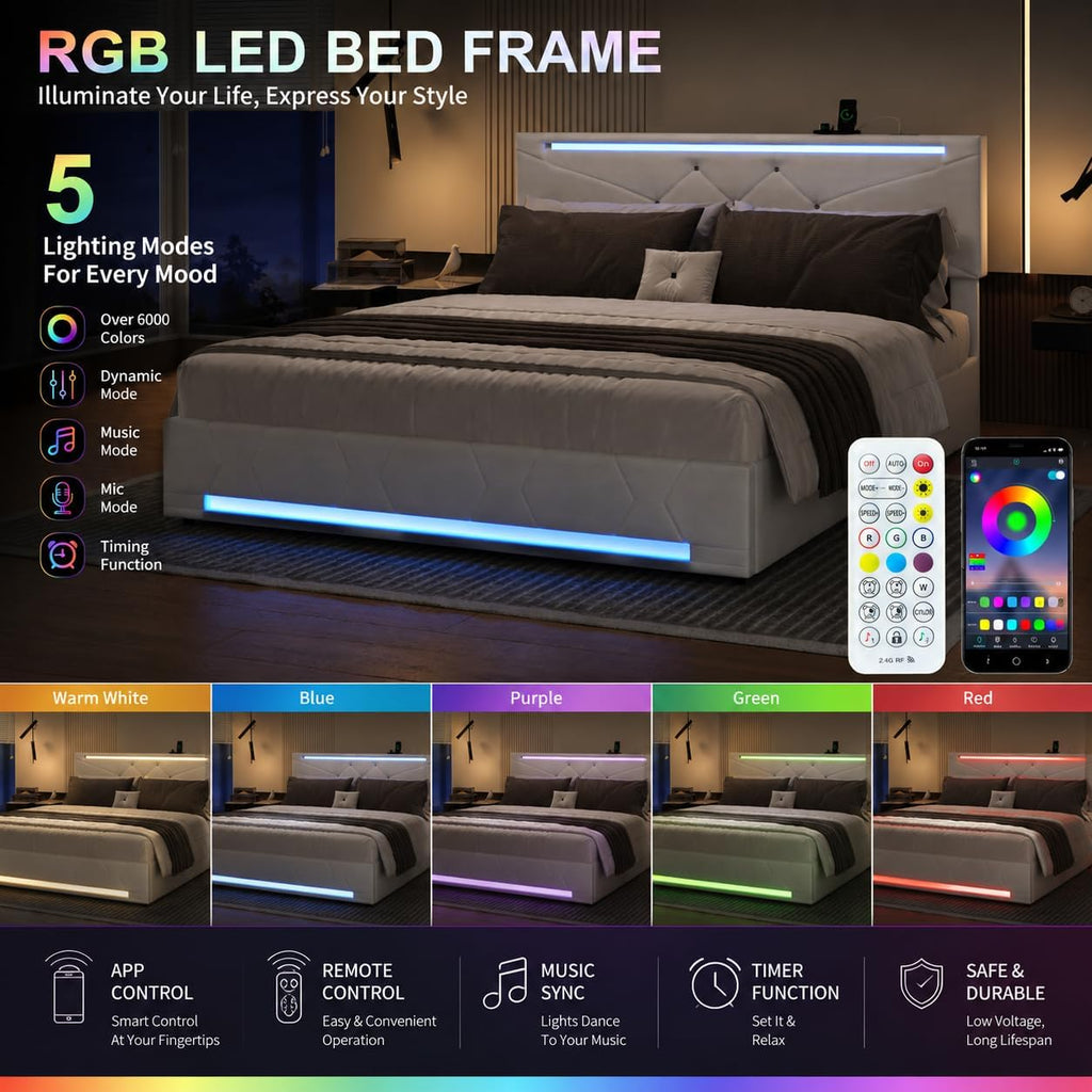 Lit Coffre BRILVERDE | LED RGB & Port USB | Sommier à Lattes | Tissu Lin | 90 à 160 x 200 cm