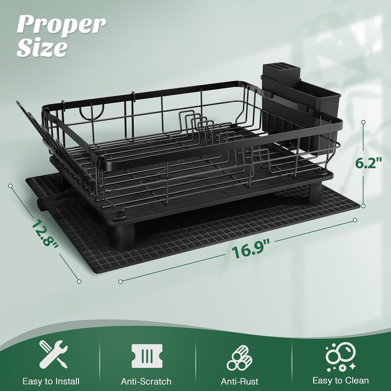 Égouttoir à Vaisselle 2 Niveaux MAJALiS Noir – Inox, Drainage Auto 360°, Tapis Inclus, 43 x 33 cm