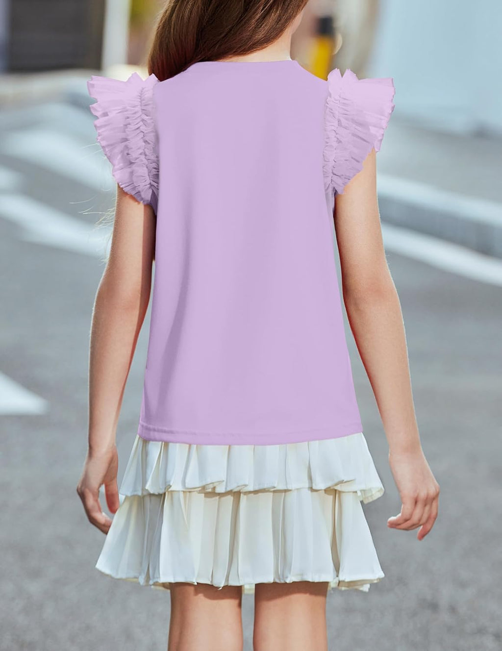Arshiner T-shirt met kanten mouwen voor meisjes, zomertop, ronde hals, korte mouwen, casual, effen, 5-14 jaar