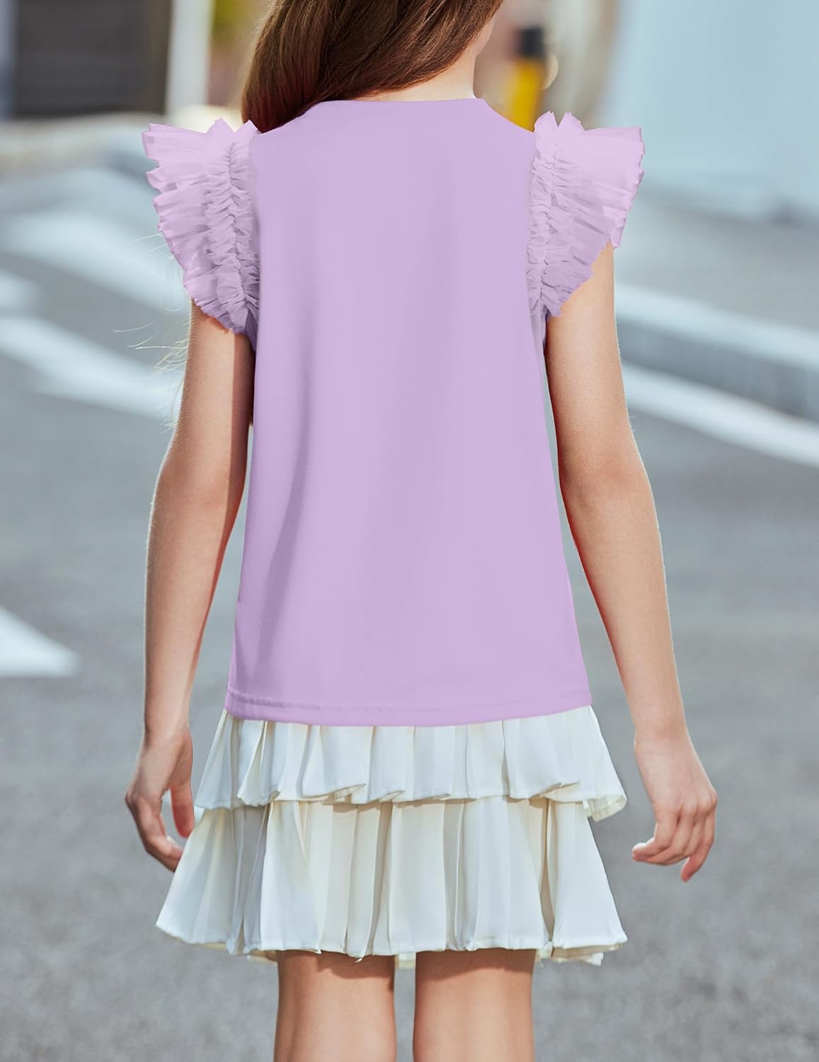 Arshiner T-shirt met kanten mouwen voor meisjes, zomertop, ronde hals, korte mouwen, casual, effen, 5-14 jaar