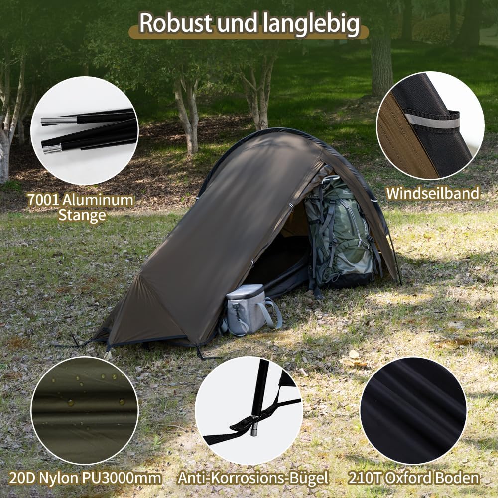 TOMOUNT BIVY Ultralichte nylon bivaktent voor 1 persoon, waterdicht, klein formaat, trekkingtent, camping, outdoor, klimmen met rugzak