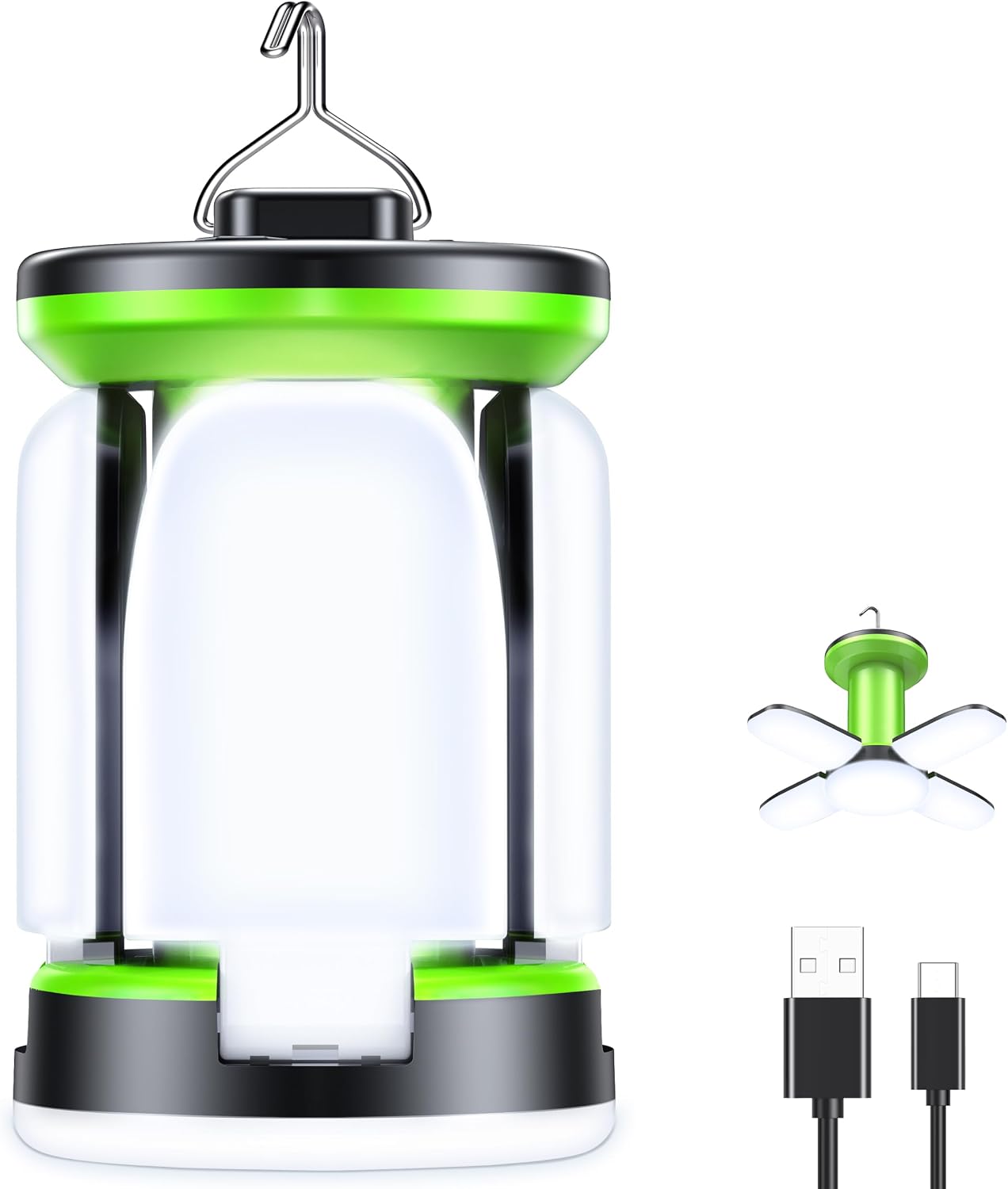 Blukar Campinglantaarn, oplaadbaar, 2000 lm, campinglamp, led, opvouwbaar, 7 verlichtingsmodi, 60 leds, superhelder, 10 uur batterijduur, draagbaar, voor vissen/stroomuitval, 2 stuks