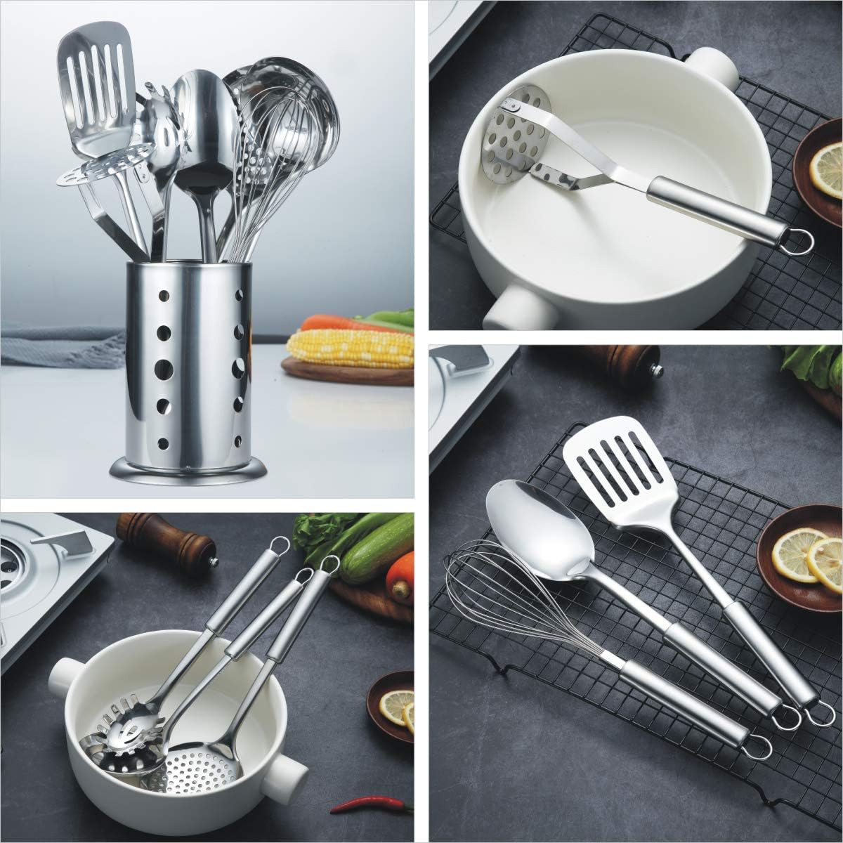 Set d'Ustensiles de Cuisine Berglander 13 Pièces — Inox Poli Miroir avec Support