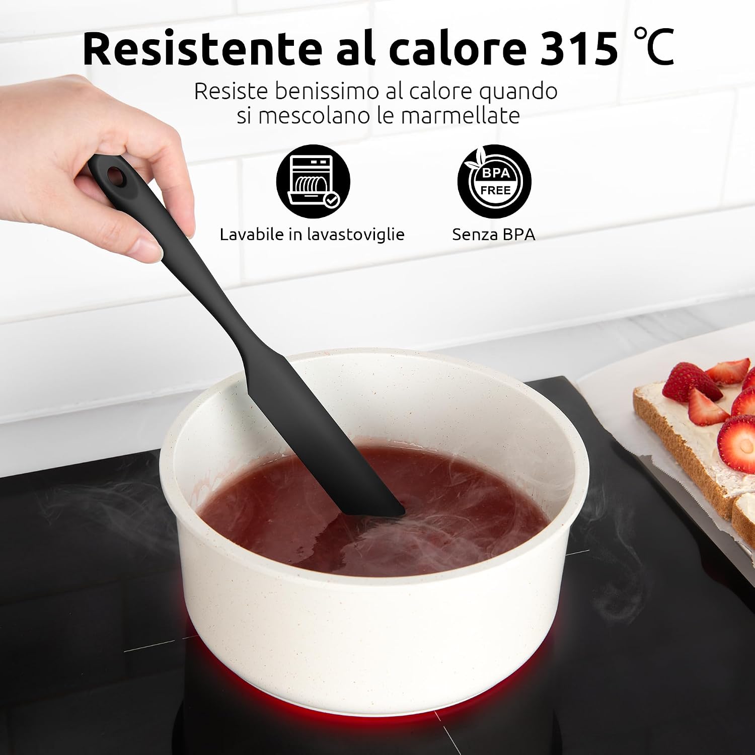 Spatule Silicone U-Taste – Embout Cuillère, Cœur Acier Inox, Résistante 315°C, 24,5 cm, Noir