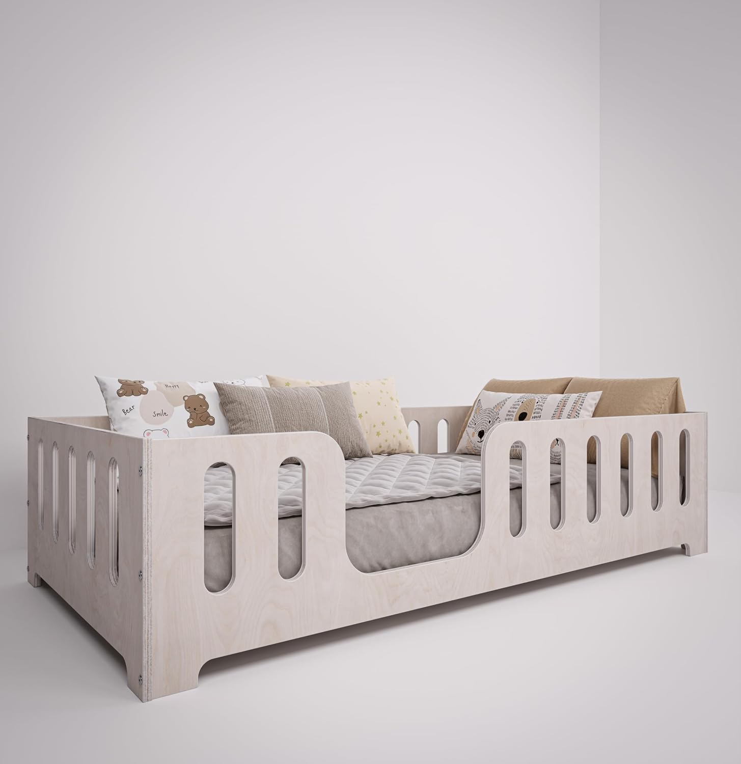 Lit Montessori Enfant 90 x 200 cm – Bois de Hêtre Naturel – Barrière de Sécurité & Sommier à Lattes