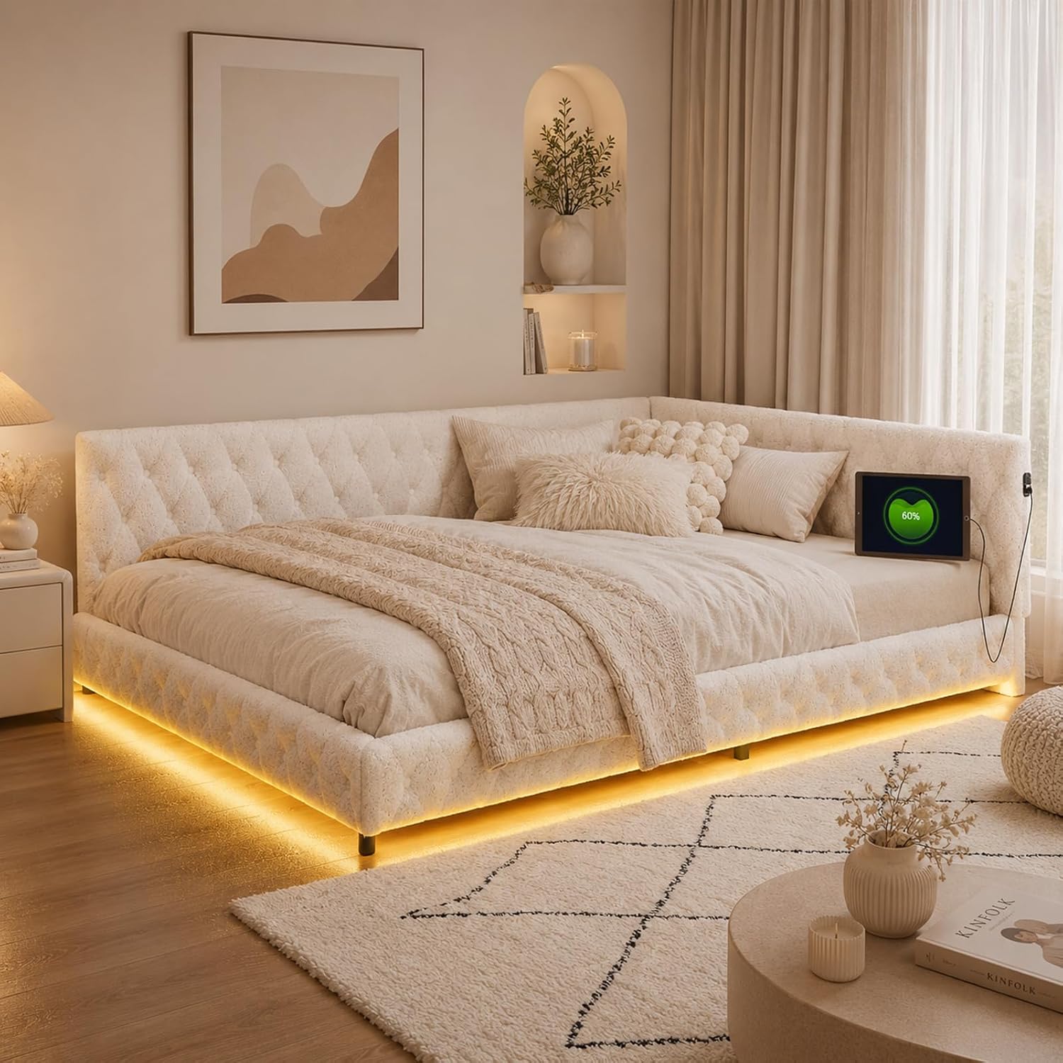 Canapé-Lit Convertible LKPOMI 2 Places — Velours Beige, Lit 180x200 cm