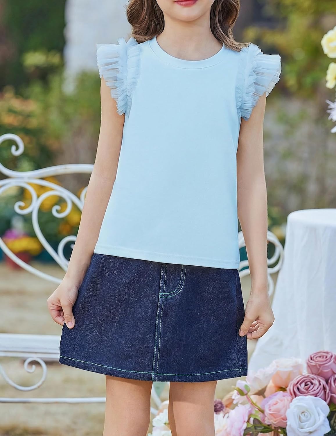 Arshiner T-shirt met kanten mouwen voor meisjes, zomertop, ronde hals, korte mouwen, casual, effen, 5-14 jaar