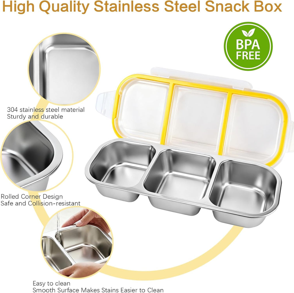 Snackbox met vakken, roestvrij staal, snackbox voor kinderen, met 3 vakken, BPA-vrij, voor snoep, specerijen, noten, koekjes, groenten, school, werk, 26,2 x 10,3 cm