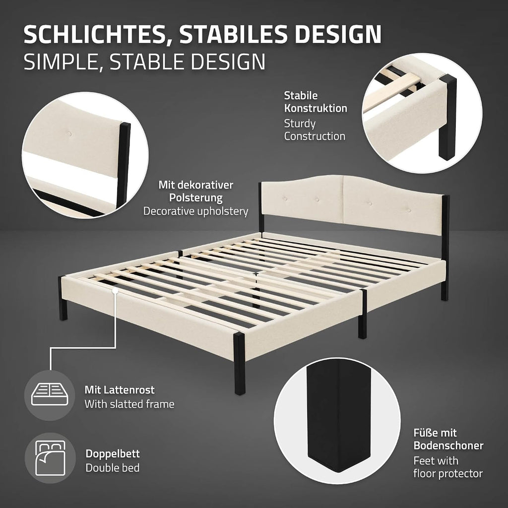 Lit Rembourré ML-Design | Cadre en Acier, Sommier à Lattes, Tête de Lit | Tissu Lin Beige ou Gris | 90/140/160/180 x 200 cm