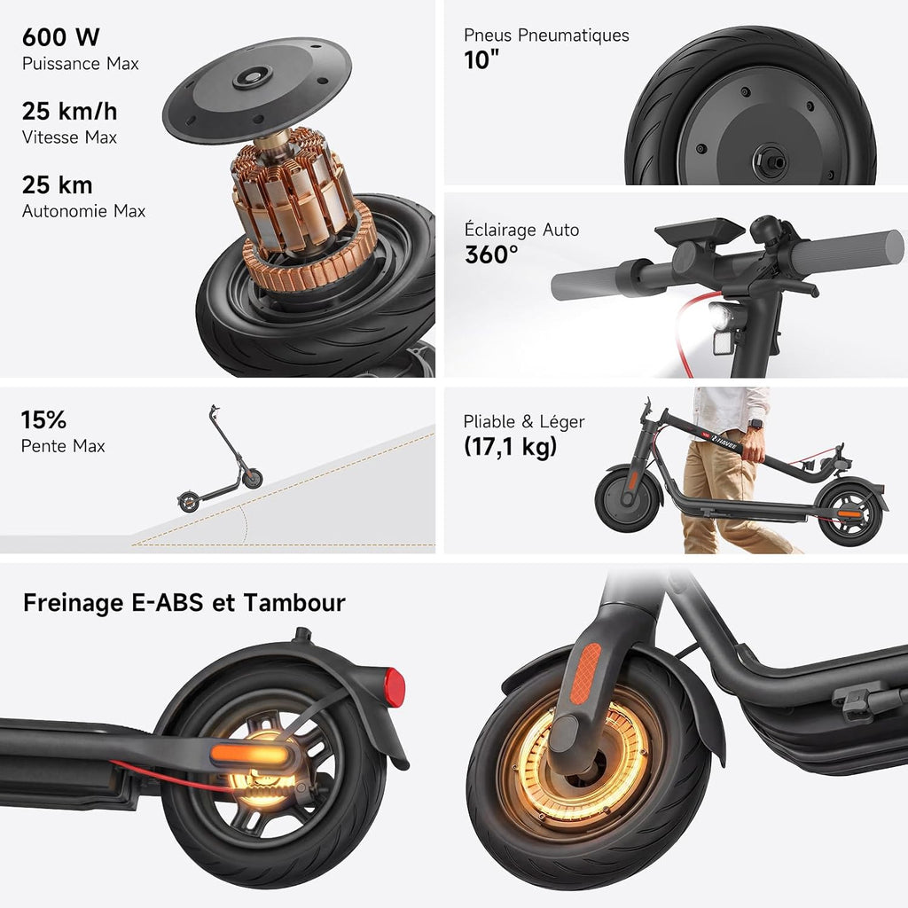 NAVEE V25 Elektrische step voor volwassenen, krachtige motor 600 W, max. bereik 25 km, banden 10 inch, E-ABS rem voor + trommel achter, TCS antislip, TÜV-certificering, Apple Find My, intelligent