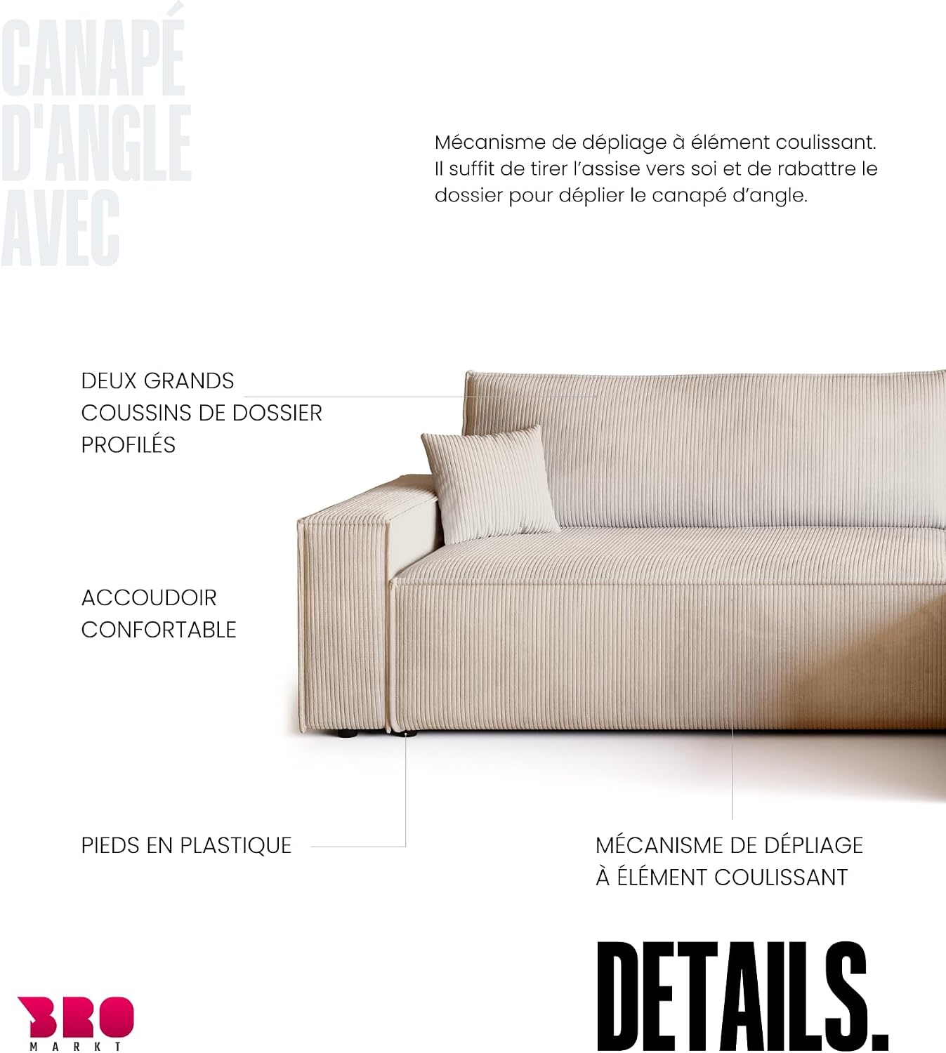Canapé d'angle convertible BROMARKT ADI XL – 3 places – Velours côtelé vanille – Coffre de rangement