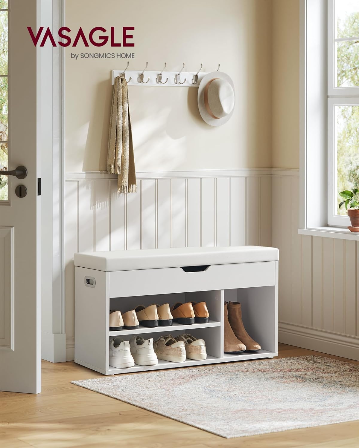 Banc à Chaussures Rembourré VASAGLE – Rangement 3 Compartiments, Style Vintage, 80 cm